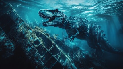 Underwater Dinosaur Skeleton Near Shipwreck