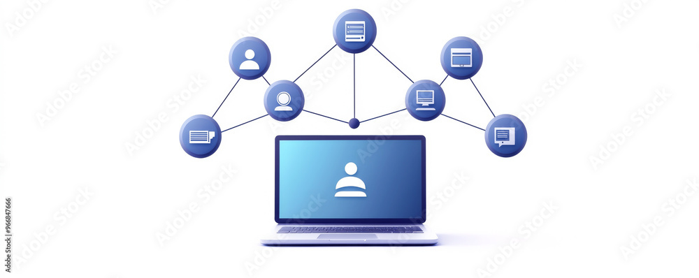 Poster conceptual illustration of a laptop connected to various digital entities, symbolizing networking an