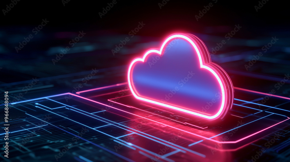Poster futuristic neon cloud symbol on a tech background, representing digital storage and cloud computing 