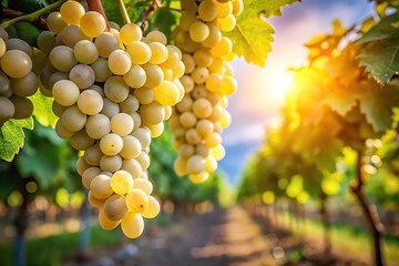 Ripe white grapes on bush against backdrop of grape farm in sunlight, extreme close-up