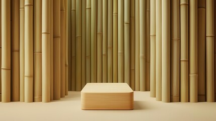 Narrow bamboo podium with a rectangular design, centered in an open, uncluttered space, bamboo podium, minimalist form