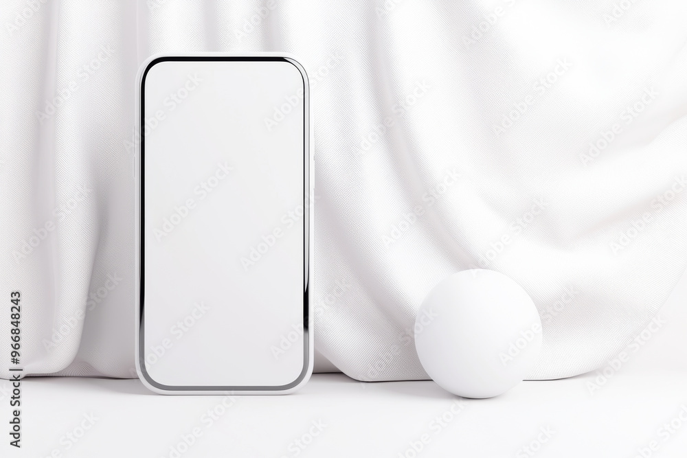 Poster minimalist product display featuring a blank smartphone and a spherical object against a soft white 