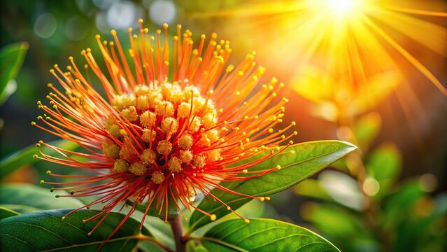 River Bushwillow flower Combretum erythrophyllum fully bloomed and sunlight on it, Selective focus, Symmetrical