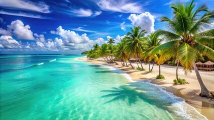 Turquoise ocean waves gently lap against white sandy beach, lined with swaying palm trees and vibrant beachside bars, under a clear blue sunny sky.