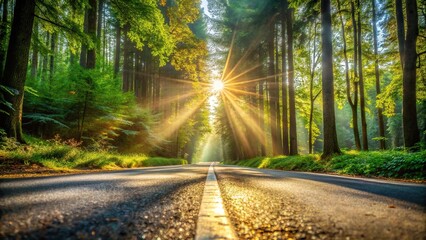 Fototapeta premium Road through forest with morning sunbeams shining on tree foliage, extreme close-up