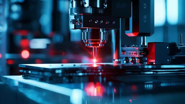 Red laser engraving machine cuts metal in a modern factory, showcasing advanced technology and precision. Blue and red laser beams illuminate the steel material