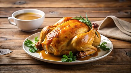 Roasted chicken with gravy on white plate
