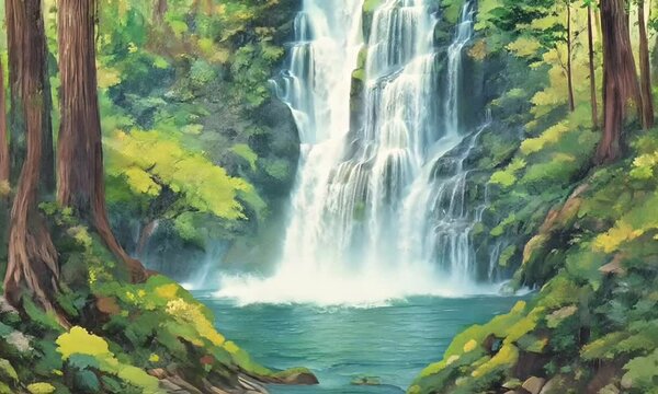 painting nature forest with waterfall