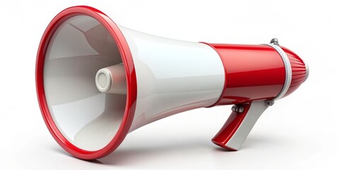 Used to amplify voices for speeches, announcements, or promotions, this red and white megaphone increases sound quality