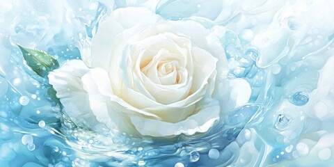 A serene white rose surrounded by gentle blue water and droplets.