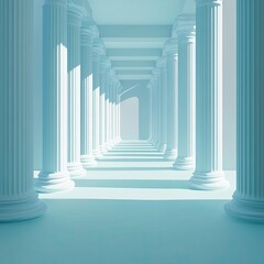 A tranquil corridor featuring tall columns and soft blue light, creating a serene and ethereal atmosphere for architectural design.