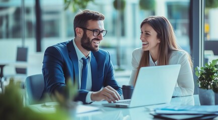 Two happy professional business man and woman executive leaders team using laptop working on computer at work desk having conversation on financial project at meeting in office.