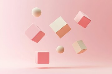Fototapeta premium Colorful geometric shapes floating against a soft pink background, perfect for modern design and creative projects.