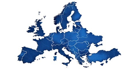 Naklejka premium Vibrant blue outline of Europe's country borders and coastlines on a white background, showcasing the continent's geographical shape anddiverse national boundaries.