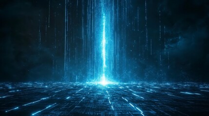 A glowing blue light beam rises from a digital landscape with circuit-like lines in a dark setting.