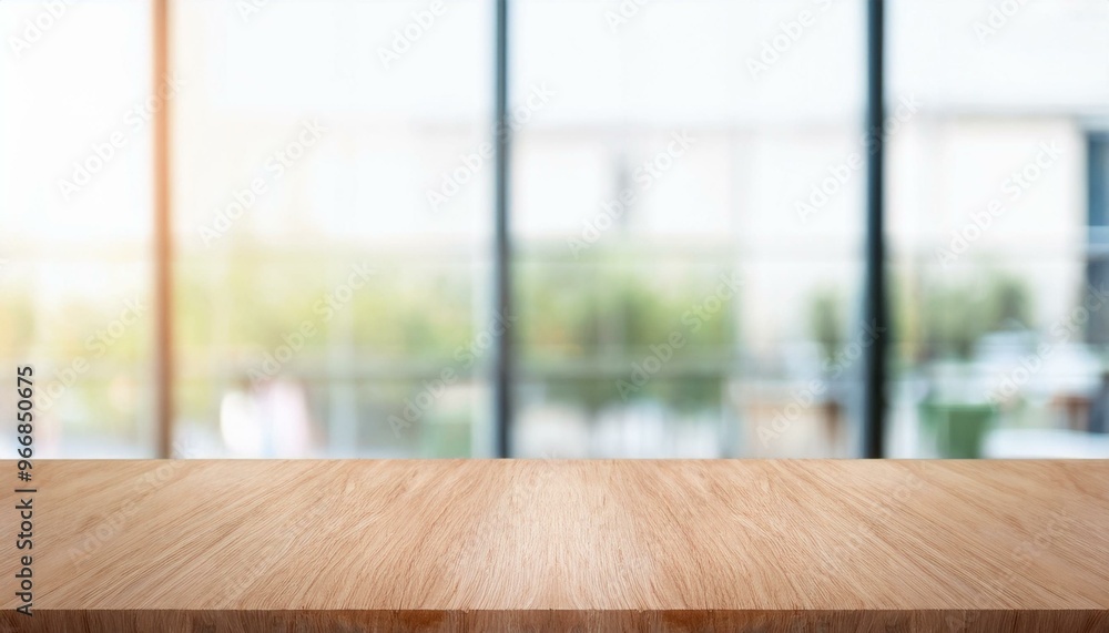 Poster empty wood table top and blur glass window wall building banner mock up abstract background - can us