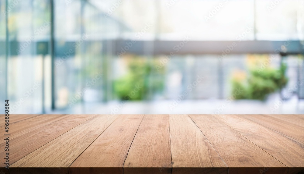 Poster empty wood table top and blur glass window wall building banner mock up abstract background - can us