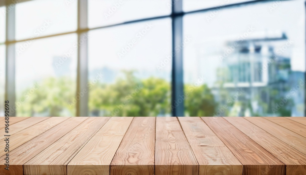 Aufkleber empty wood table top and blur glass window wall building banner mock up abstract background - can us