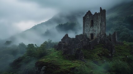 Obraz premium Ancient Stone Castle Ruin in Foggy Mountain Landscape