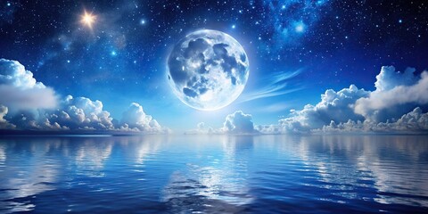 Romantic moon shining over water with starry sky and clouds