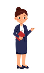 Businesswoman with notepad. Woman in suit with documents. Entrepreneurship and business. Manager and clerk with paperwork. Flat vector illustration