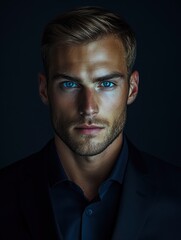 Fototapeta premium full body, a ultra real full body shot photo of 35 years old business man, blue eyes, short blonde hair. At the background a ultra close up macro details, ultra contrast, with generative ai