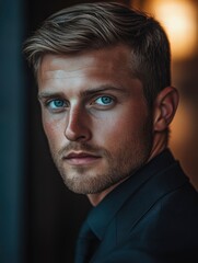 Fototapeta premium full body, a ultra real full body shot photo of 35 years old business man, blue eyes, short blonde hair. At the background a ultra close up macro details, ultra contrast, with generative ai
