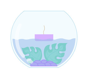 Cute violet candle. Aromatherapy, relaxation and rest. Romantic candelight for home. Comfort and coziness in apartment. Poster or banner. Flat vector illustration