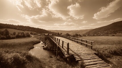 Generative AI, A rustic wooden bridge crossing over a small stream in a peaceful countryside landscape under a bright sky with soft clouds in sepia tones