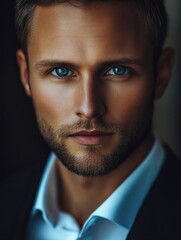 Obraz premium full body, a ultra real full body shot photo of 35 years old business man, blue eyes, short blonde hair. At the background a ultra close up macro details, ultra contrast, with generative ai