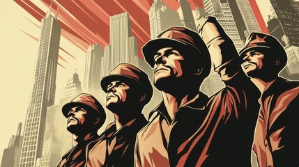 Vintage Propaganda Poster: Soldiers in a Cityscape