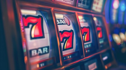 Close-up of a slot machine with three sevens lined up.