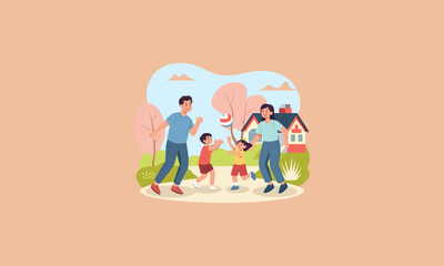 Fototapeta premium A happy family playing with a ball outdoors near their house.