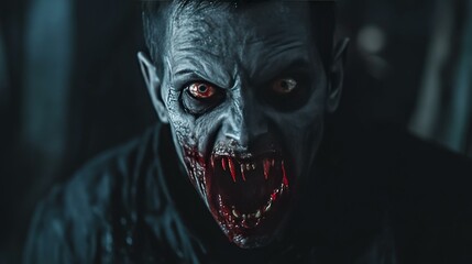 Close Up of a Vampire with Fangs and Blood