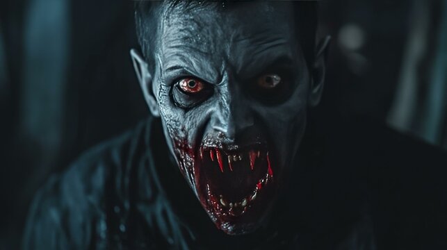 Close Up of a Vampire with Fangs and Blood