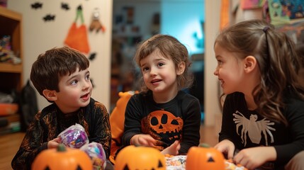 Fototapeta premium A Halloween-themed playdate, with kids sharing candy and stories.