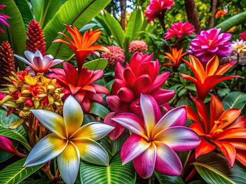 Vibrant colorful manyas tropical flowers bloom in lush green foliage, delicate petals and intricate details showcased in a serene natural outdoor environment.