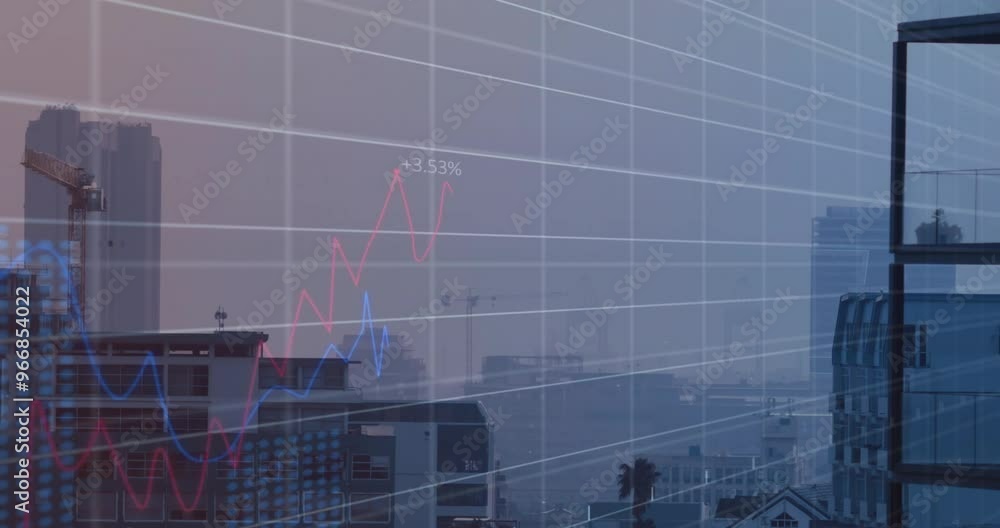 Poster animation of diagrams and data processing over cityscape