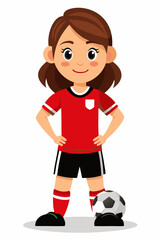 A realistic portrait of a young girl in a red soccer uniform with red socks and black shorts, confidently posing with one foot on a black-and-white soccer ball. Clean white background, vibrant colors,