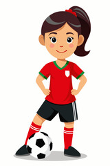 A realistic portrait of a young girl in a red soccer uniform with red socks and black shorts, confidently posing with one foot on a black-and-white soccer ball. Clean white background, vibrant colors,