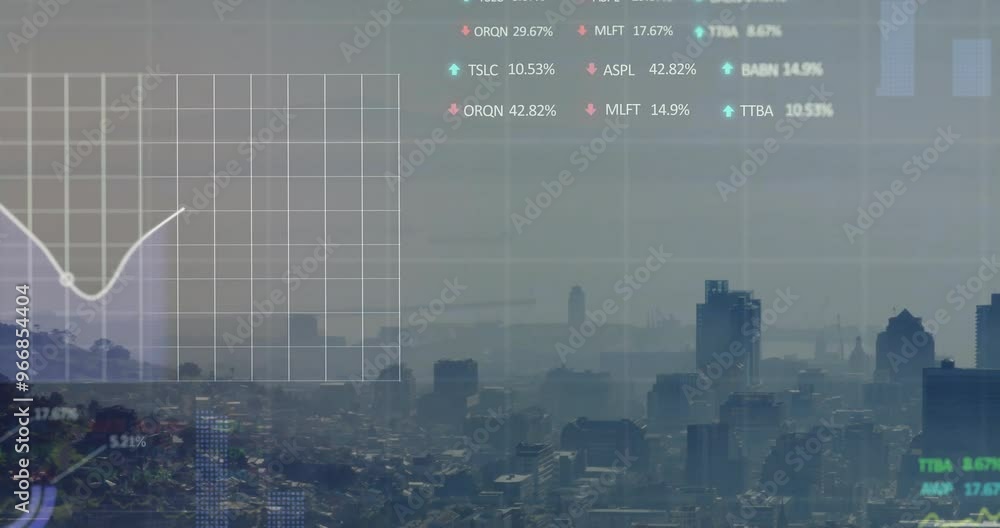 Poster animation of diagrams and data processing over cityscape