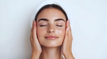 Naklejka premium Serene Woman Enjoying Peaceful Moment of Facial Skincare and Wellbeing