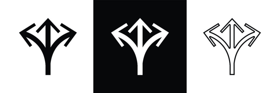 Three-way direction red arrow icon. Abstract three head arrows silhouette. Road direction icon. Vector illustration in eps 10.