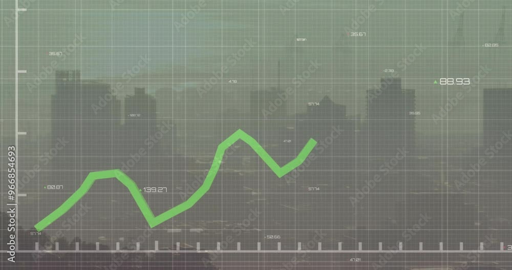 Poster animation of diagrams and data processing over cityscape