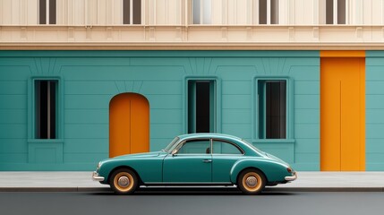 A vintage car with teal paint parked on a street against a vibrant teal and orange building facade, creating a retro urban scene.