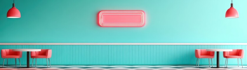 Modern retro diner setting with teal walls, pink chairs, and neon sign, reflecting a playful 1950s American diner theme.