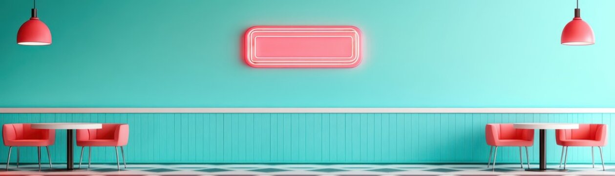 Modern retro diner setting with teal walls, pink chairs, and neon sign, reflecting a playful 1950s American diner theme.