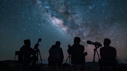 Four people silhouetted against a stunning night sky, gazing at the Milky Way through telescopes.