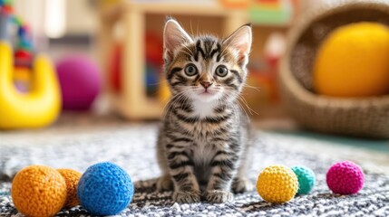 A cozy inclusive learning space where a cute kitten is engaged in a sensory activity, exploring different textures and toys alongside children