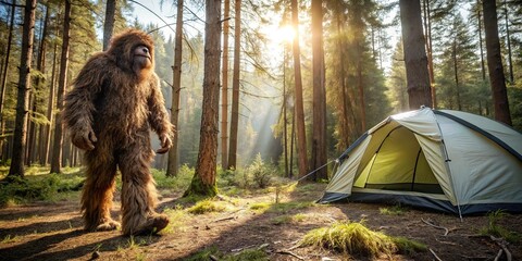 Sasquatch near tent in forest